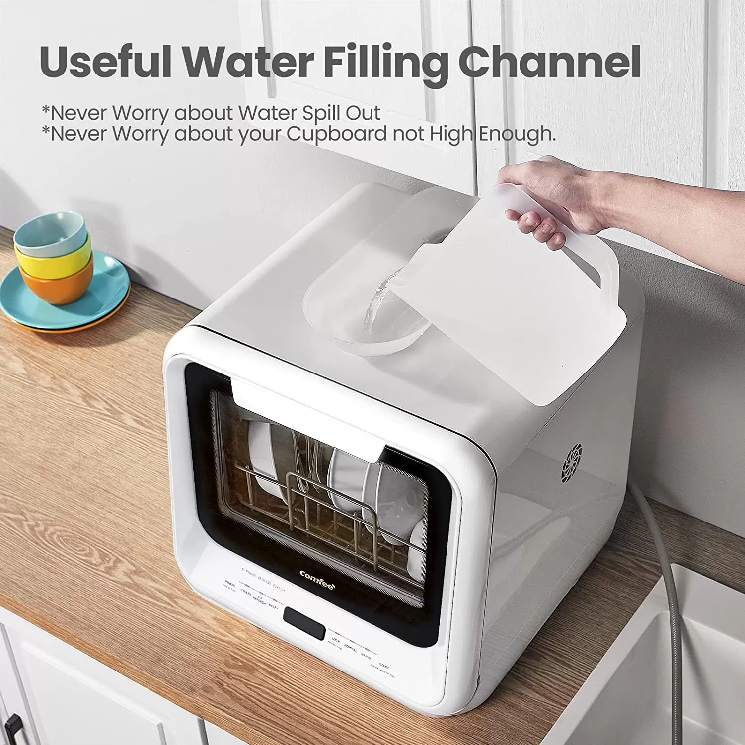 COMFEE' Portable Dishwasher Countertop, Mini Dishwasher with 5L Built-in Water Tank, No Hookup Needed, 6 Programs, 360° Dual Spray, 192°F High-Temp& Air-Dry Function, Dishwasher for Apartments& RVs