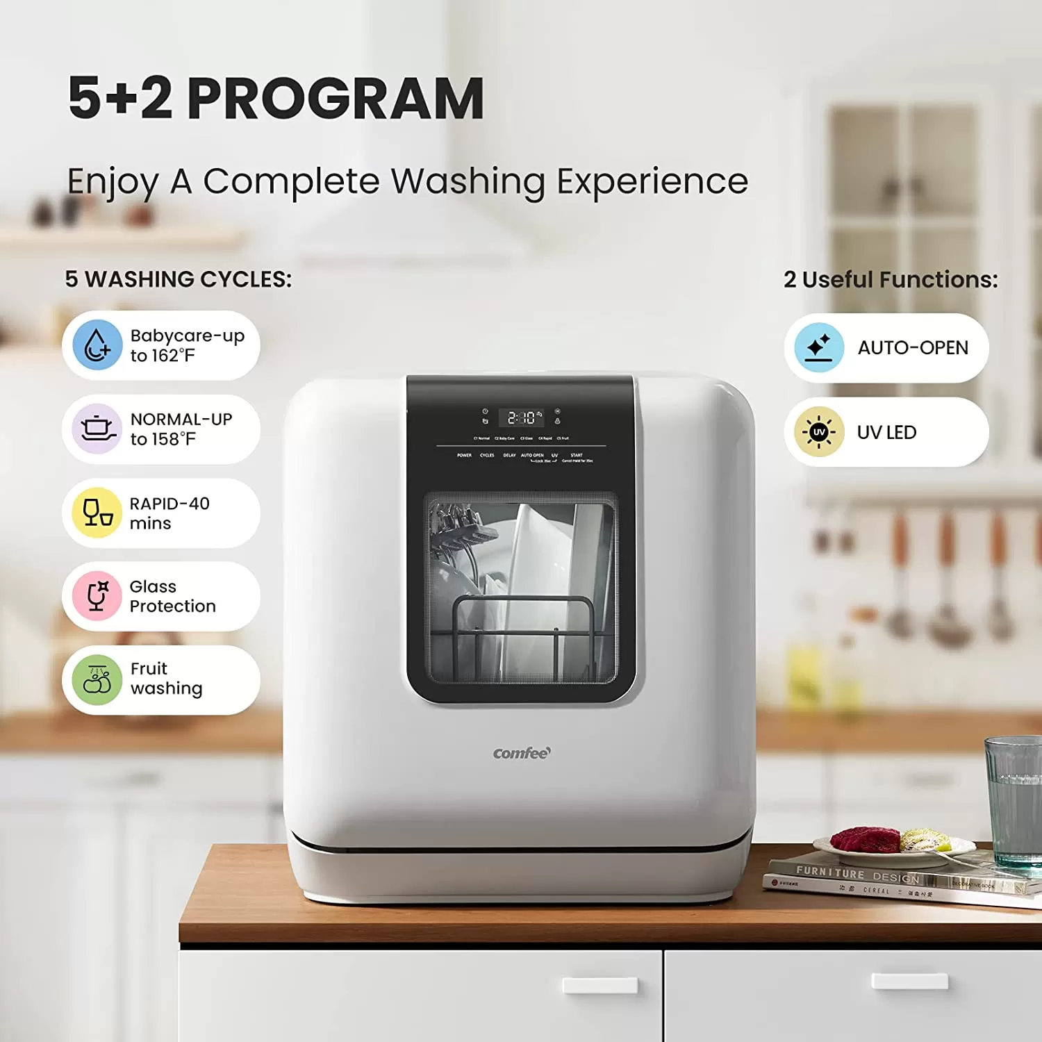 COMFEE' Portable Dishwasher Countertop, Mini Dishwasher with 5L Built-in Water Tank, No Hookup Needed, 6 Programs, 360° Dual Spray, 192°F High-Temp& Air-Dry Function, Dishwasher for Apartments& RVs
