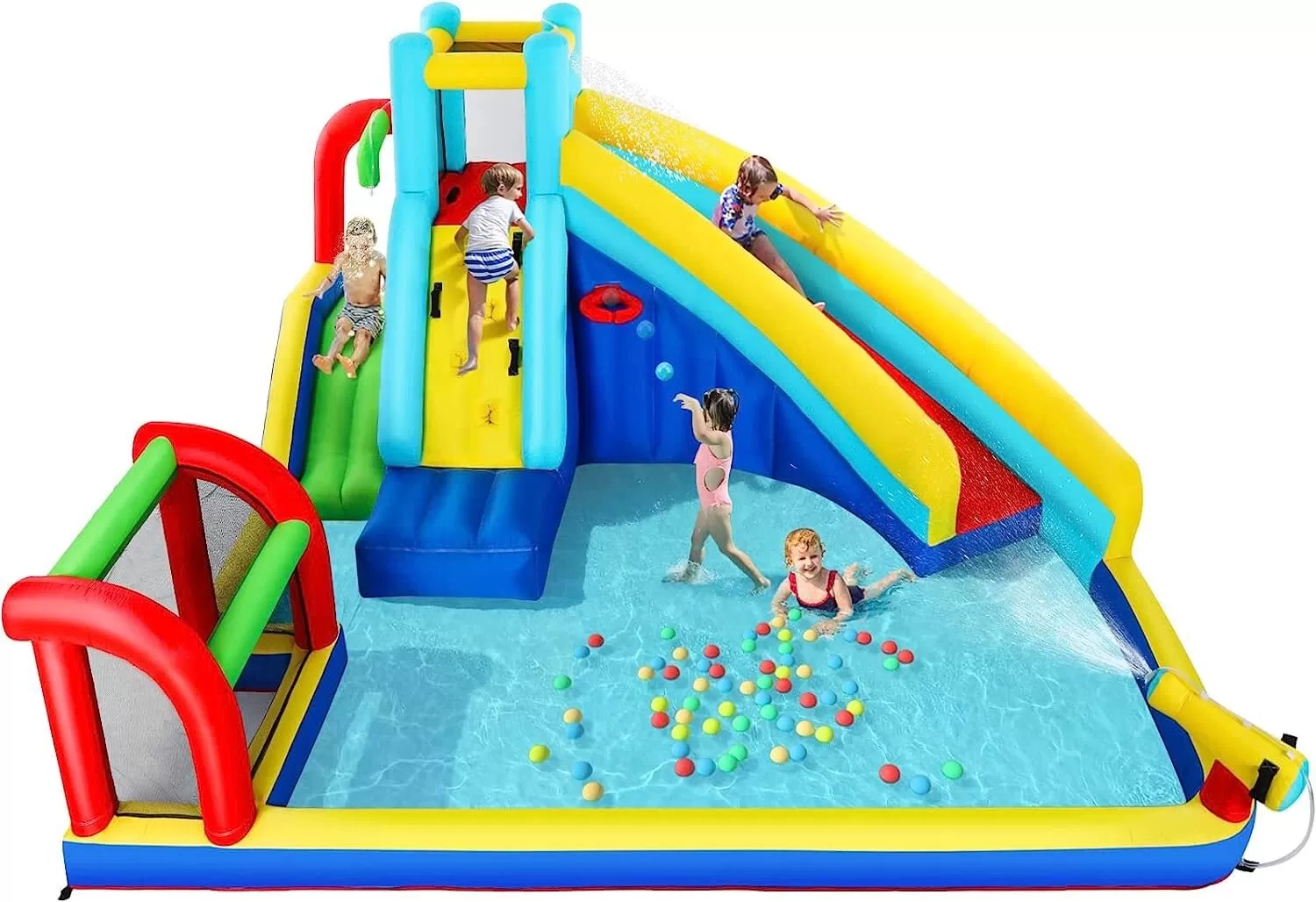 Selling out soon❗❗Kids Outdoor Inflatable Bouncers Water Slide Pool with Long Slide Climbing Wall, Including Stakes (with 450W Air Blower)