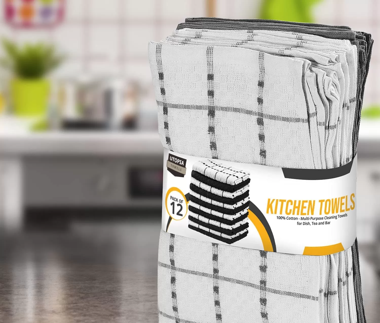 Kitchen Towels 12 Pack, 15 x 25 Inches, 100% Ring Spun Cotton Super Soft and Absorbent Linen Dish Towels, Tea Towels and Bar Towels Set (Black)