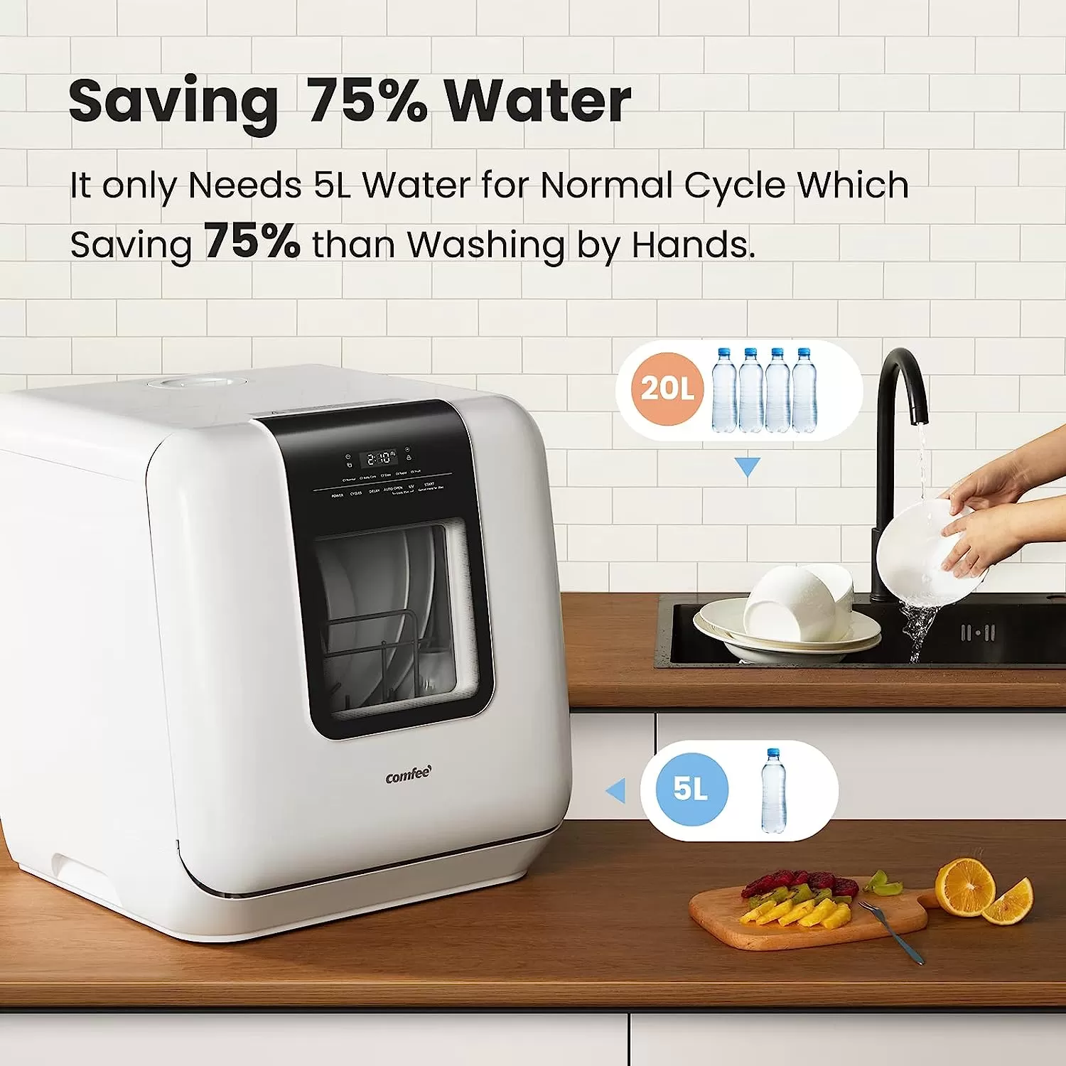 COMFEE' Portable Dishwasher Countertop, Mini Dishwasher with 5L Built-in Water Tank, No Hookup Needed, 6 Programs, 360° Dual Spray, 192°F High-Temp& Air-Dry Function, Dishwasher for Apartments& RVs
