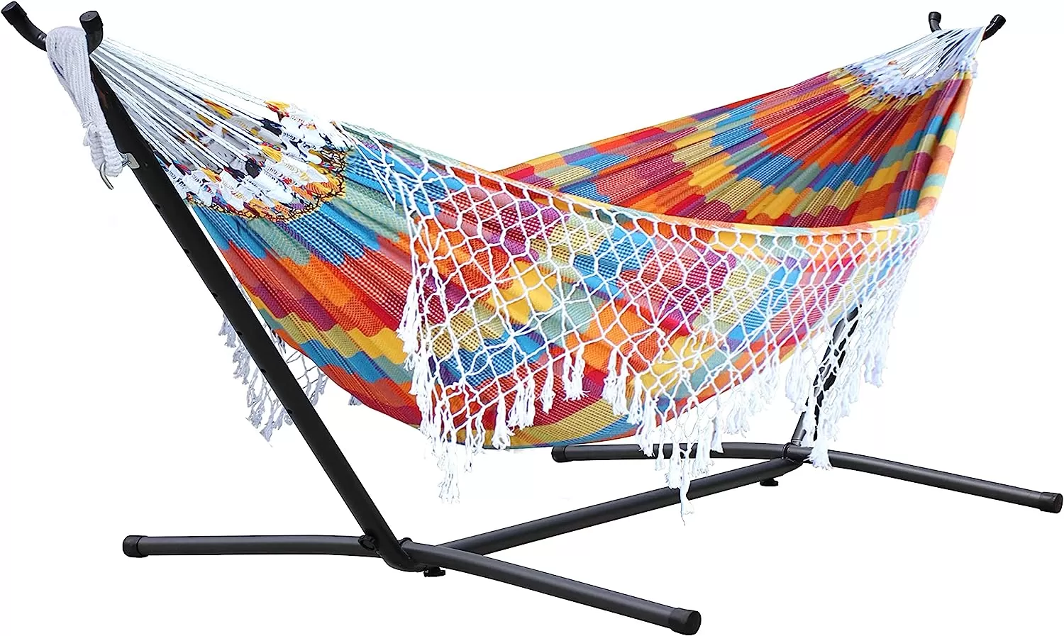 Double Cotton Hammock with Space Saving Steel Stand, Tropical (450 lb Capacity - Premium Carry Bag Included)