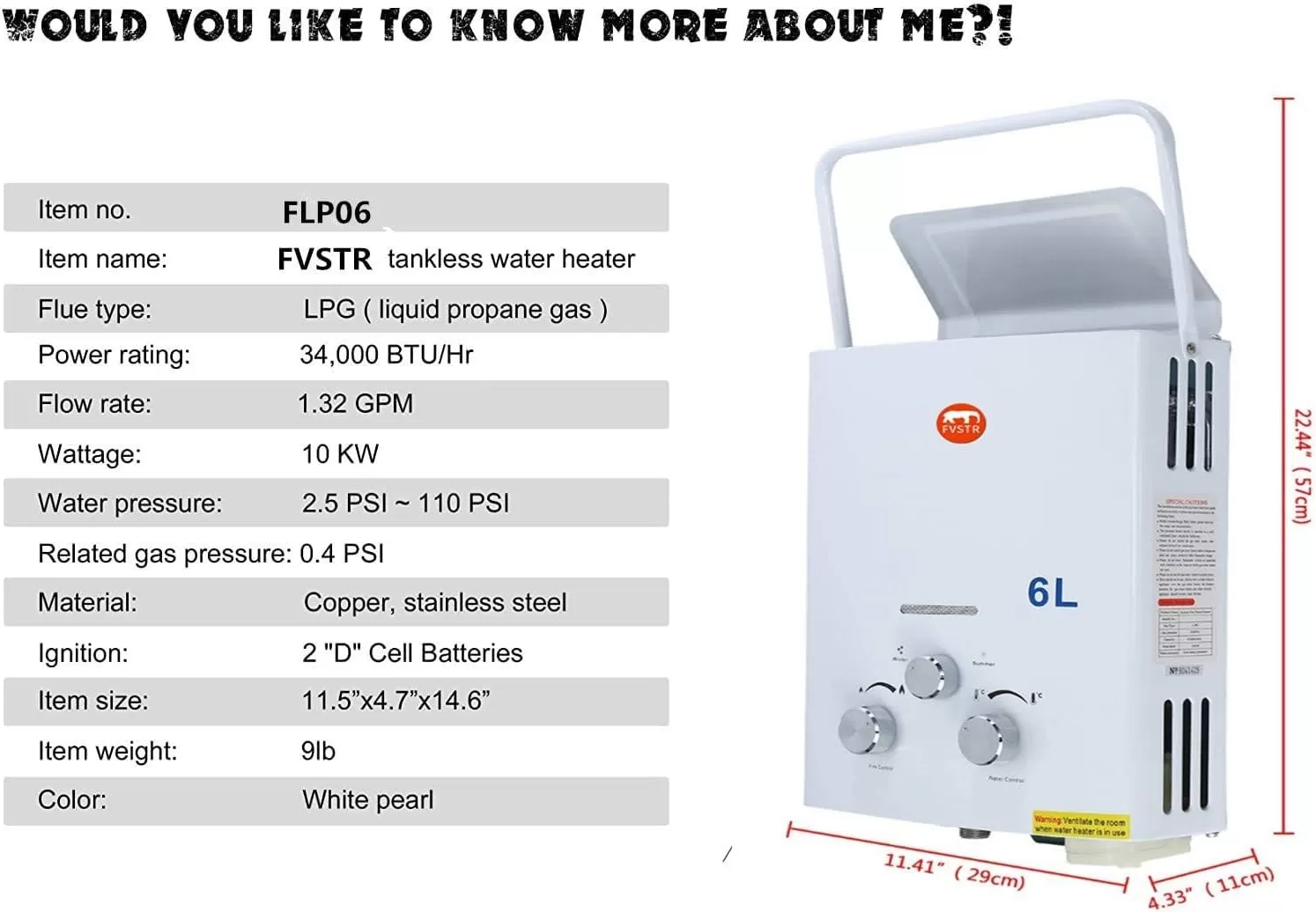 FVSTR-Carvn 1.6GPM 6L Portable Outdoor Propane Gas Tankless Water Heater Digital Display Overheating Protection RV Camping Water Heater Easy to Install for Pets