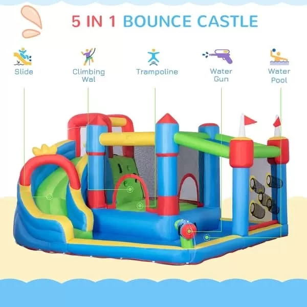 6-in-1 Inflatable Water Slide, Kids Castle Bounce House Includes Slide, Trampoline, Pool, Water Gun, Climbing Wall