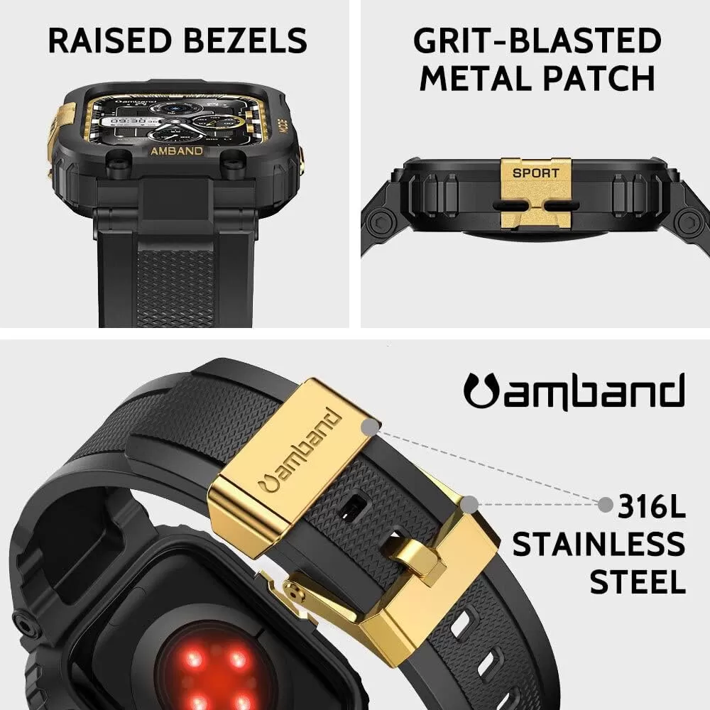 amBand Bands Compatible with Apple Watch 8/7 45mm, M1 Sport Series Rugged Case with Strap Protective Cover for iWatch 6/SE/5/4/3 42/44/45mm Men Black