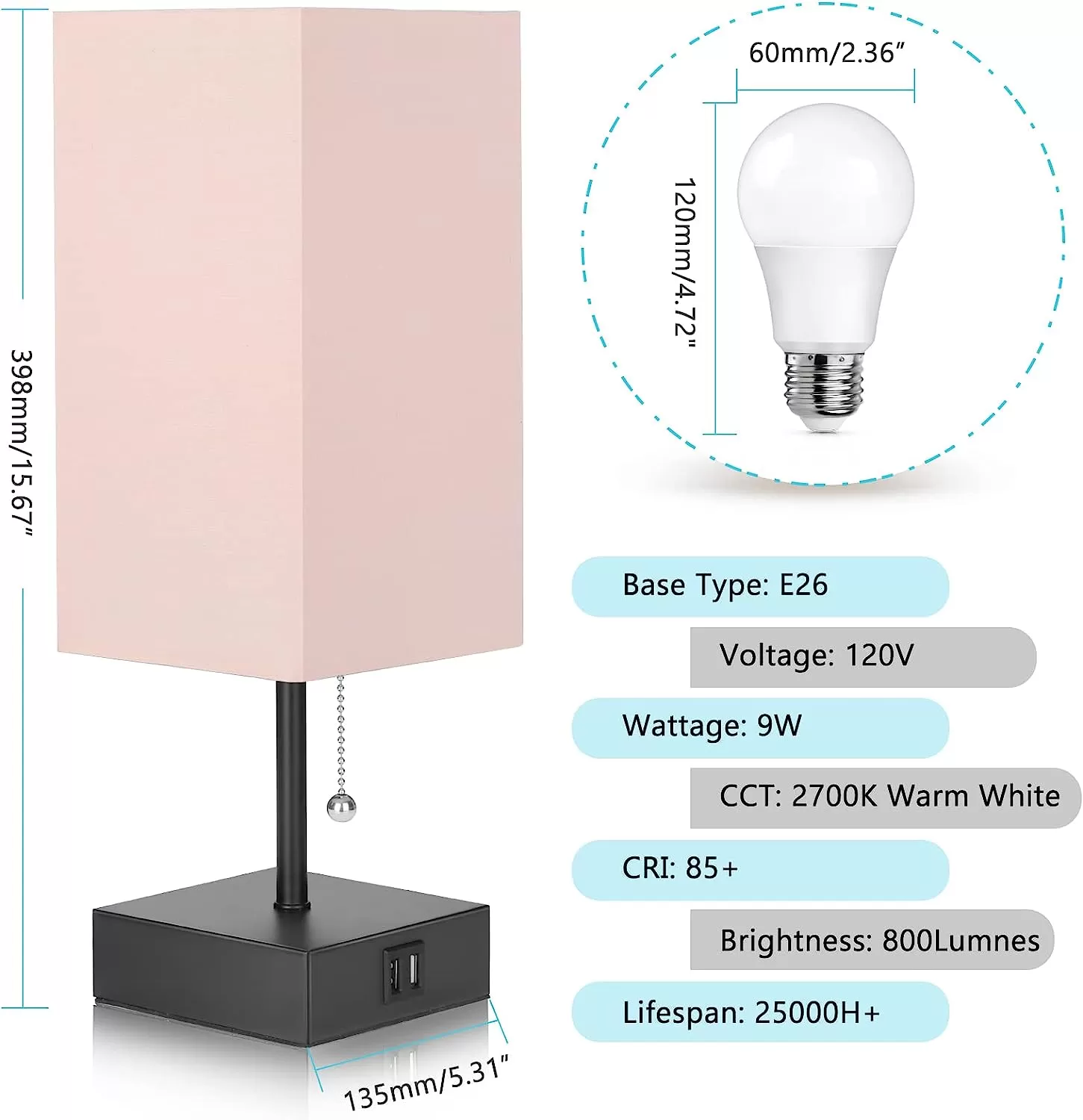 GGOYING Bedside Table Lamp, Pull Chain Table Lamp with Dual USB Charging Ports, 2700K LED Bulb, Fabric Linen Lampshade, Nightstand Lamp for Livingroom Bedroom Office Reading Working