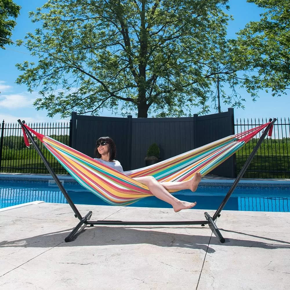 Double Cotton Hammock with Space Saving Steel Stand, Tropical (450 lb Capacity - Premium Carry Bag Included)
