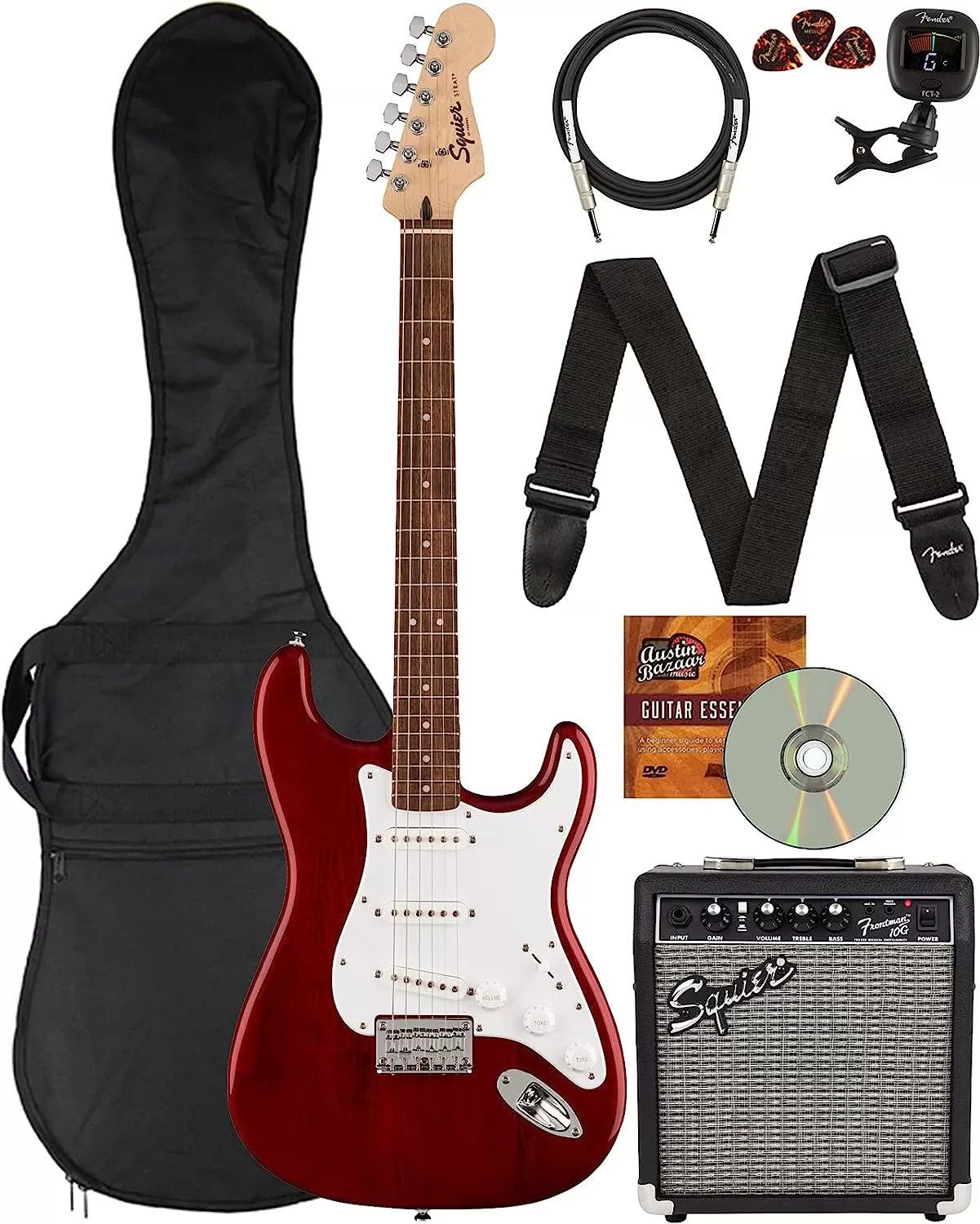 Fender Squier Stratocaster - Sunburst Bundle with Frontman 10G Amp, Gig Bag, Instrument Cable, Tuner, Strap, Picks, Fender Play Online Lessons, Instructional Book, and Austin Bazaar Instructional DVD