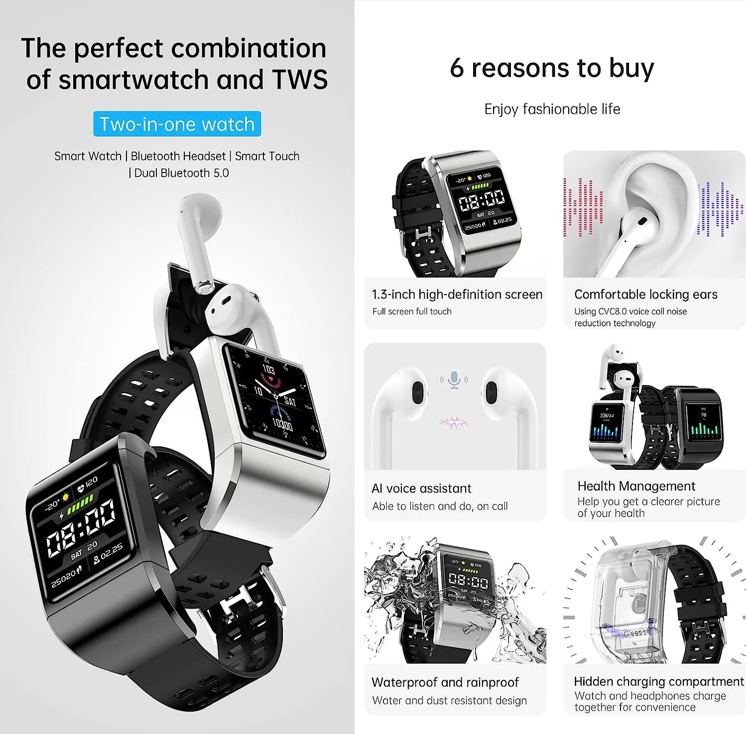 G36Pro 2 in 1 Smart Watch TWS Wireless Bluetooth Headset 1.3 Inch Screen Heart Rate Blood Pressure Oxygen Fitness Tracker Earbuds Music Wristband Earphone Smartwatch (Silver)