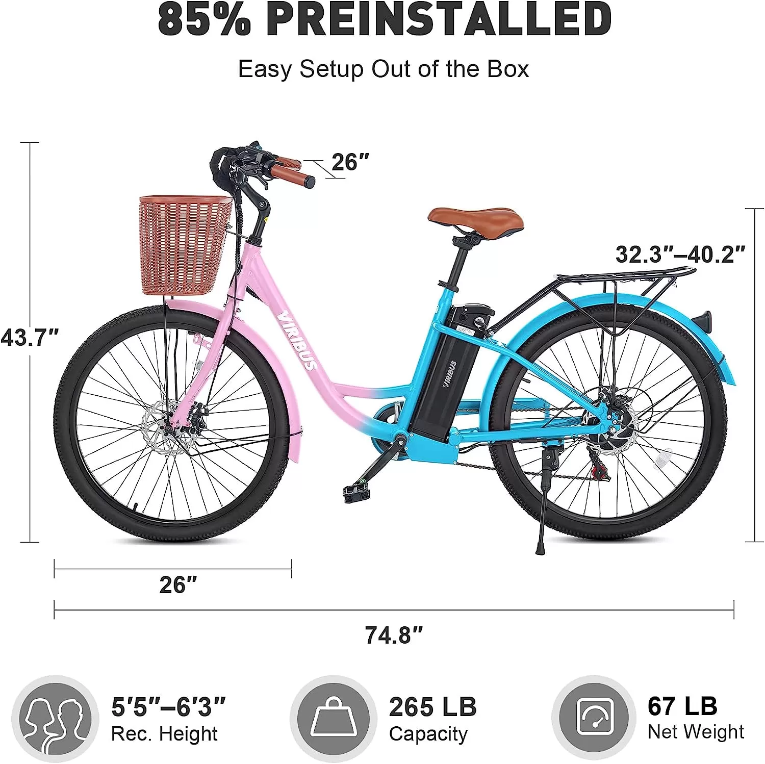 Viribus Electric Bike, Electric Cruiser Bike Adults Women, 25mph 40+ Mile Range 26