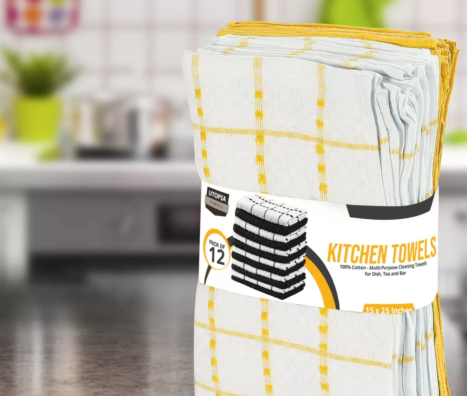 Kitchen Towels 12 Pack, 15 x 25 Inches, 100% Ring Spun Cotton Super Soft and Absorbent Linen Dish Towels, Tea Towels and Bar Towels Set (Black)