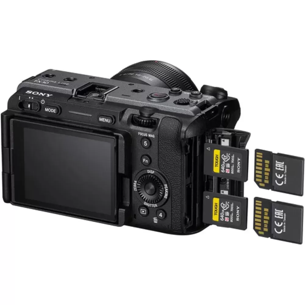 Sony FX30 Digital Cinema Camera + 160GB TOUGH Memory Card + NP-FZ100 Battery + Striker Photo Kit + Vidpro TL-50 Camera Case + Microfiber Cleaning Cloth Bundle