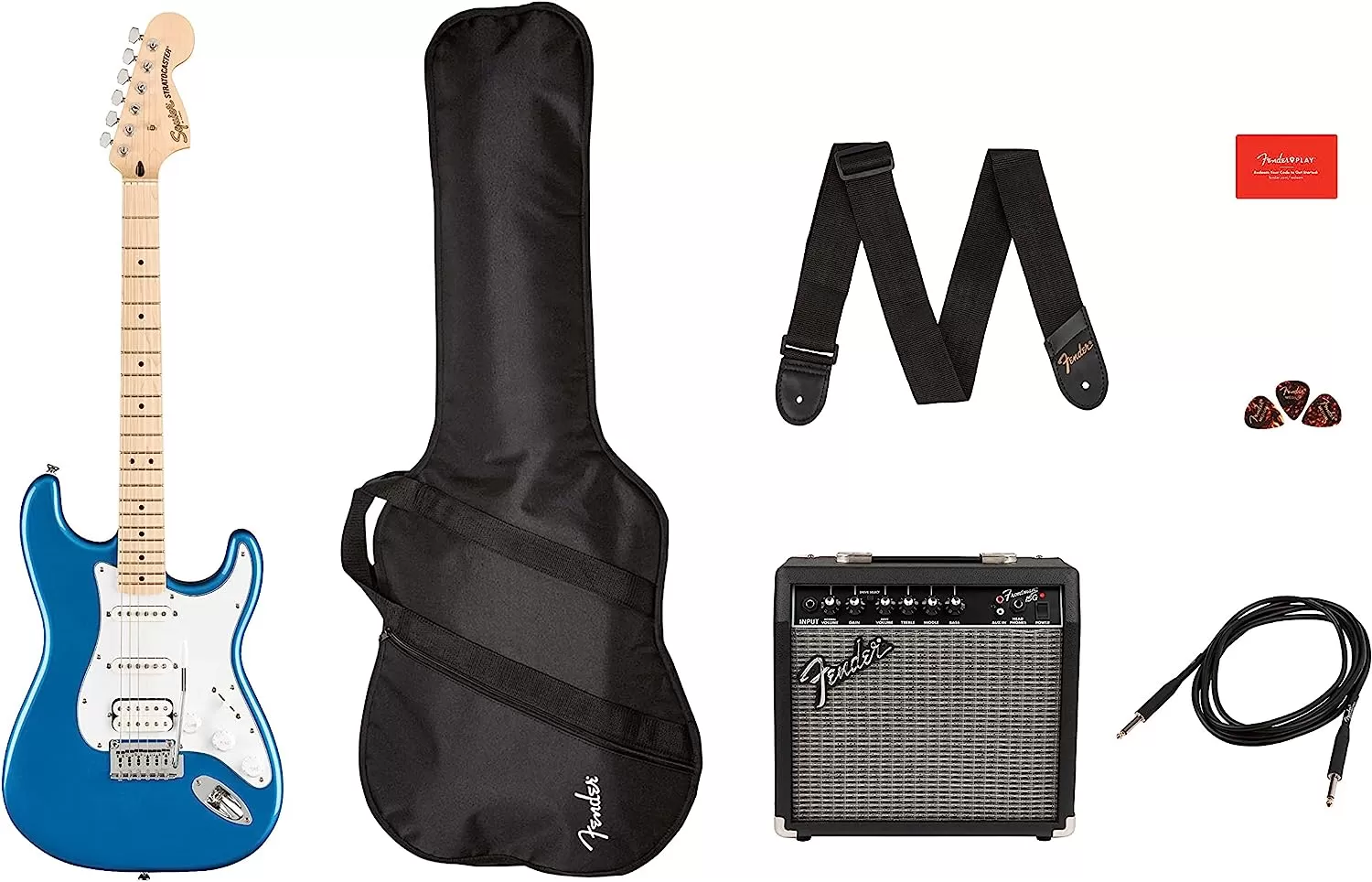Fender Squier Stratocaster - Sunburst Bundle with Frontman 10G Amp, Gig Bag, Instrument Cable, Tuner, Strap, Picks, Fender Play Online Lessons, Instructional Book, and Austin Bazaar Instructional DVD