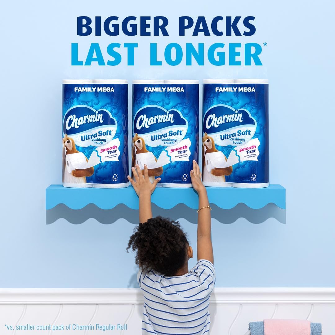Charmin Ultra Soft Cushiony Touch Toilet Paper, 18 Family Mega Rolls = 90 Regular Rolls (Packaging May Vary)