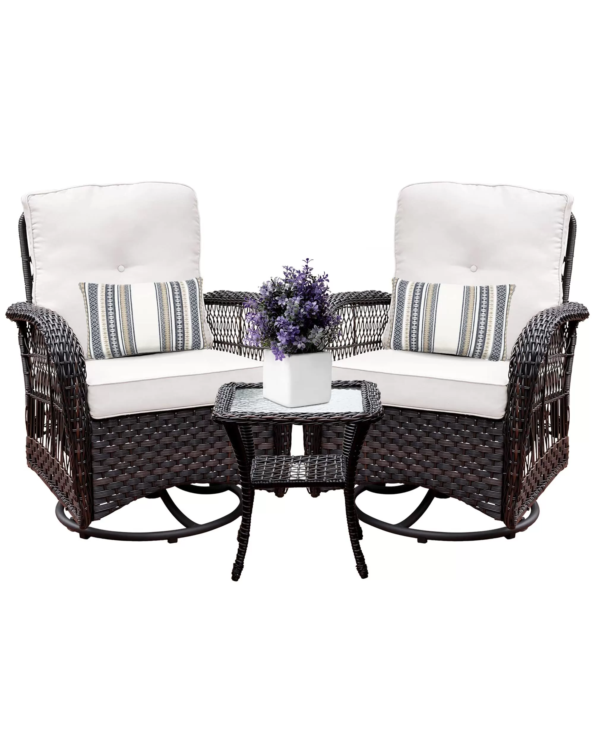 Outdoor Swivel Rocker Patio Chairs Set of 2 and Matching Side Table - 3 Piece Wicker Patio Bistro Set with Premium Fabric Cushions Outdoor Furniture (Dark Wicker Chair Beige Cushion)