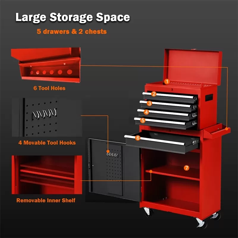 5-Drawer Rolling Tool Chest High Capacity Tool Storage Cabinet Toolbox Organizer with Wheels and Locking System