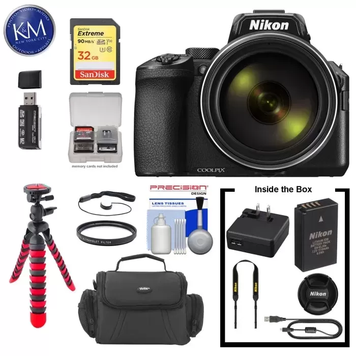 Nikon COOLPIX P950 Digital Camera with 32GB Card, SD Card Reader, 5Pc Cleaning Kit, UV Filter, Flexible Tripod and Camera Bag Bundle