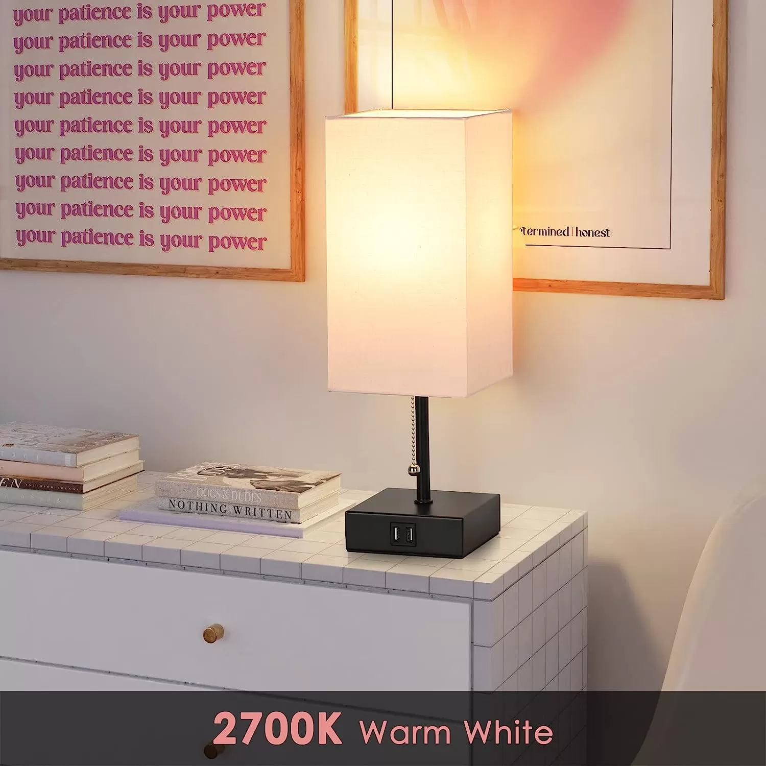 GGOYING Bedside Table Lamp, Pull Chain Table Lamp with Dual USB Charging Ports, 2700K LED Bulb, Fabric Linen Lampshade, Nightstand Lamp for Livingroom Bedroom Office Reading Working