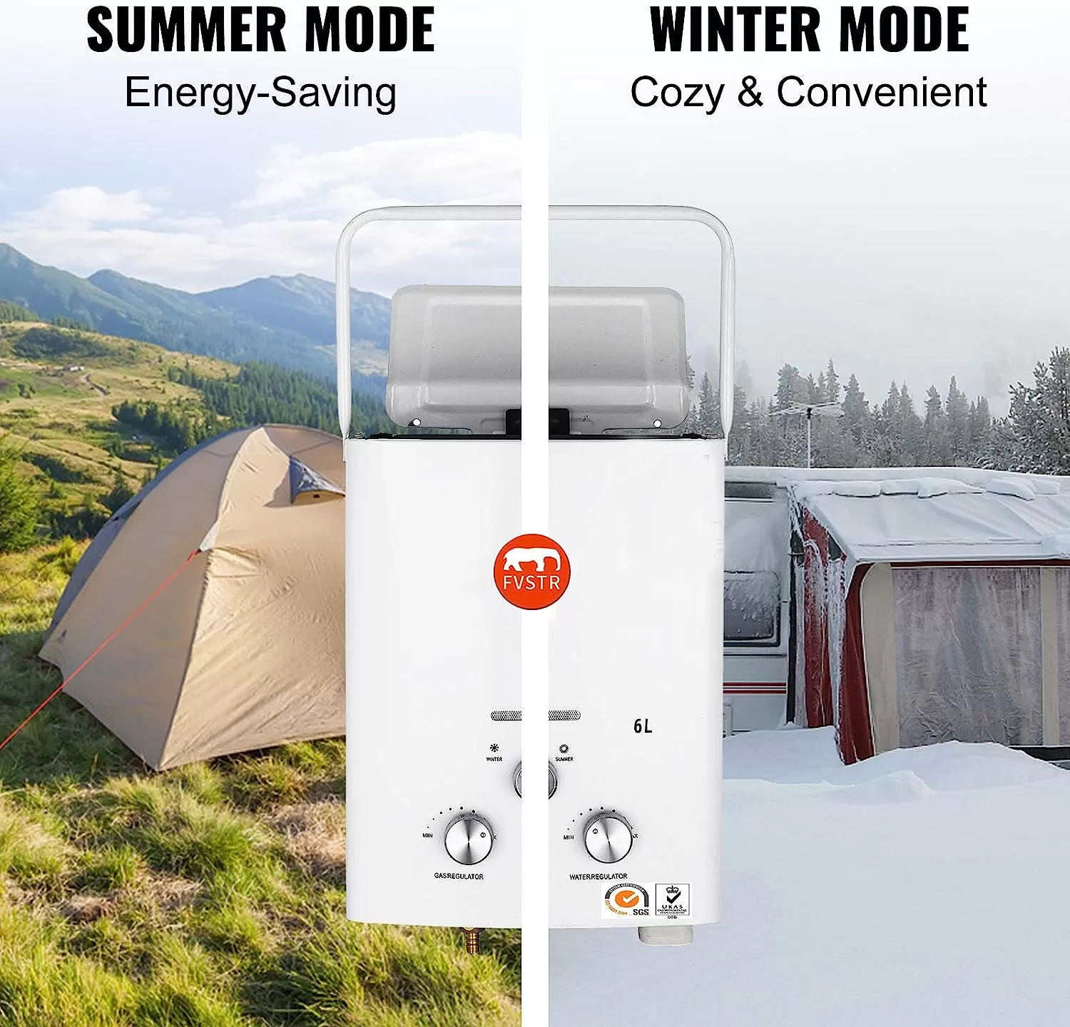 FVSTR-Carvn 1.6GPM 6L Portable Outdoor Propane Gas Tankless Water Heater Digital Display Overheating Protection RV Camping Water Heater Easy to Install for Pets