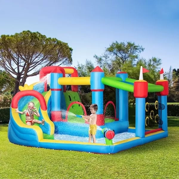 6-in-1 Inflatable Water Slide, Kids Castle Bounce House Includes Slide, Trampoline, Pool, Water Gun, Climbing Wall