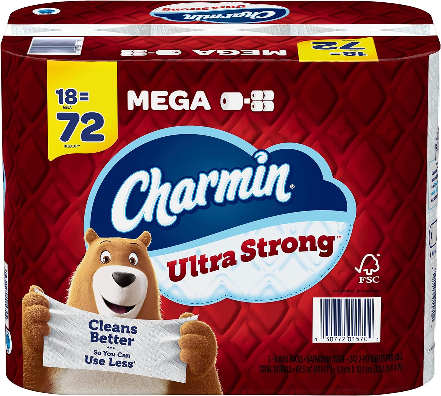 Charmin Ultra Strong Clean Touch Toilet Paper, 18 Family Mega Rolls = 90 Regular Rolls