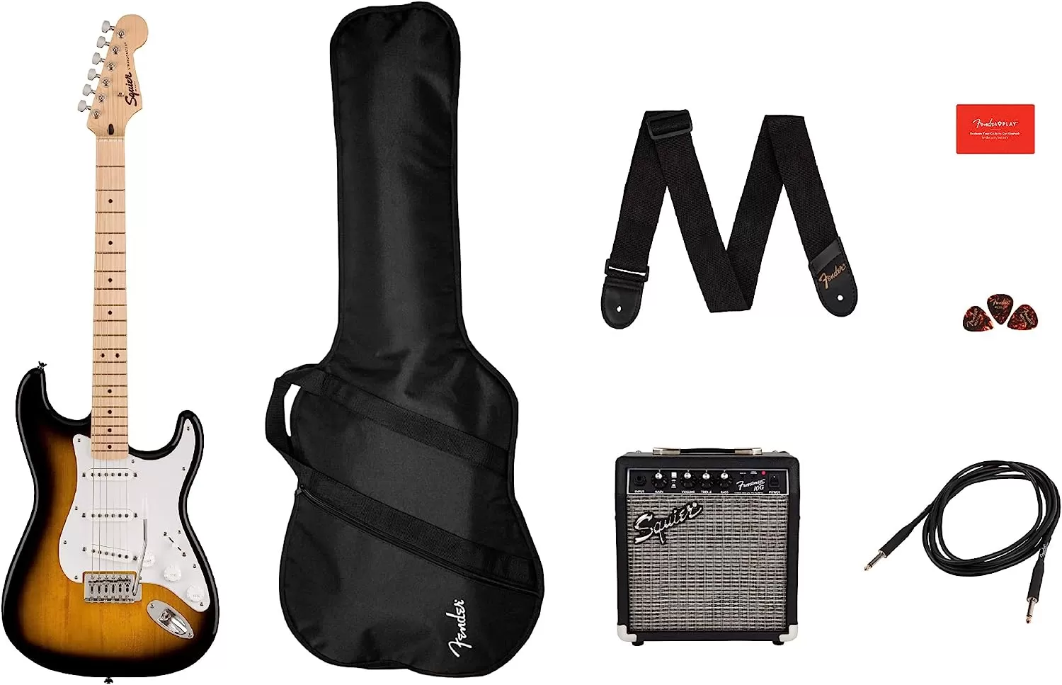 Fender Squier Stratocaster - Sunburst Bundle with Frontman 10G Amp, Gig Bag, Instrument Cable, Tuner, Strap, Picks, Fender Play Online Lessons, Instructional Book, and Austin Bazaar Instructional DVD