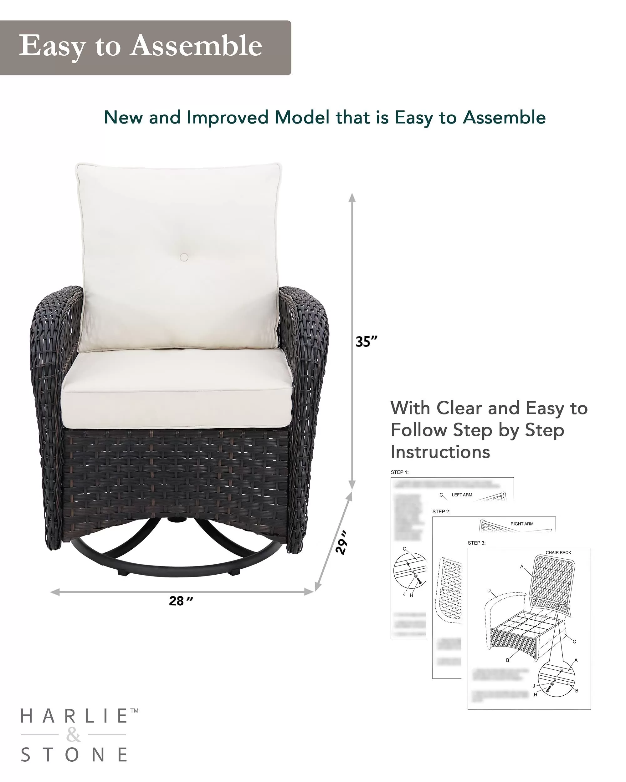 Outdoor Swivel Rocker Patio Chairs Set of 2 and Matching Side Table - 3 Piece Wicker Patio Bistro Set with Premium Fabric Cushions Outdoor Furniture (Dark Wicker Chair Beige Cushion)