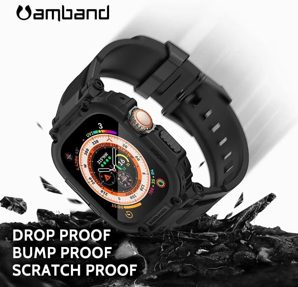 amBand Bands Compatible with Apple Watch 8/7 45mm, M1 Sport Series Rugged Case with Strap Protective Cover for iWatch 6/SE/5/4/3 42/44/45mm Men Black