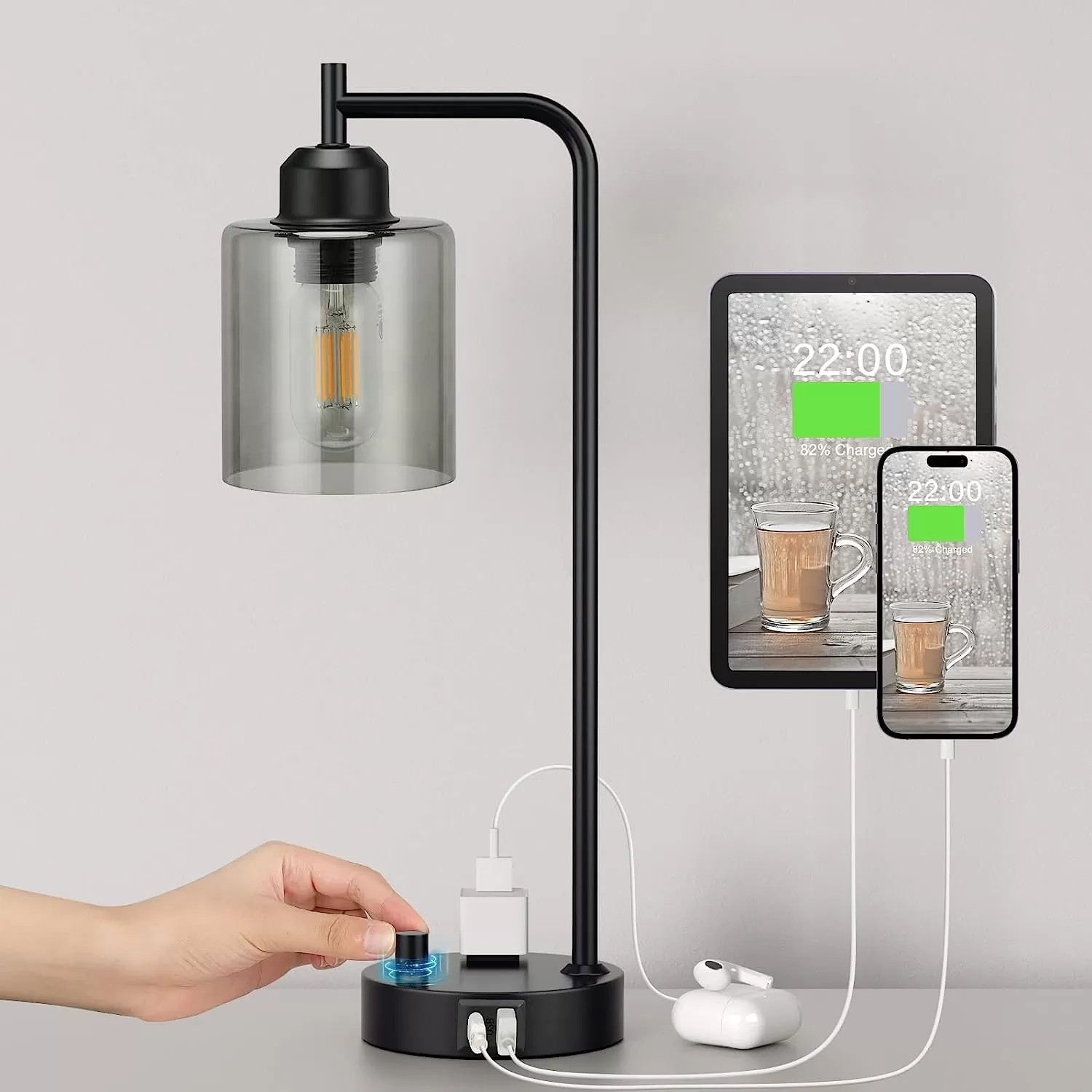 Industrial Bedside Table Lamp for Bedroom - Nightstand Lamps with USB C Charging Port, Fully Dimmable Black Lamps with USB Ports and Outlets, Small Desk Lamp with Glass Shade for Office Living Room