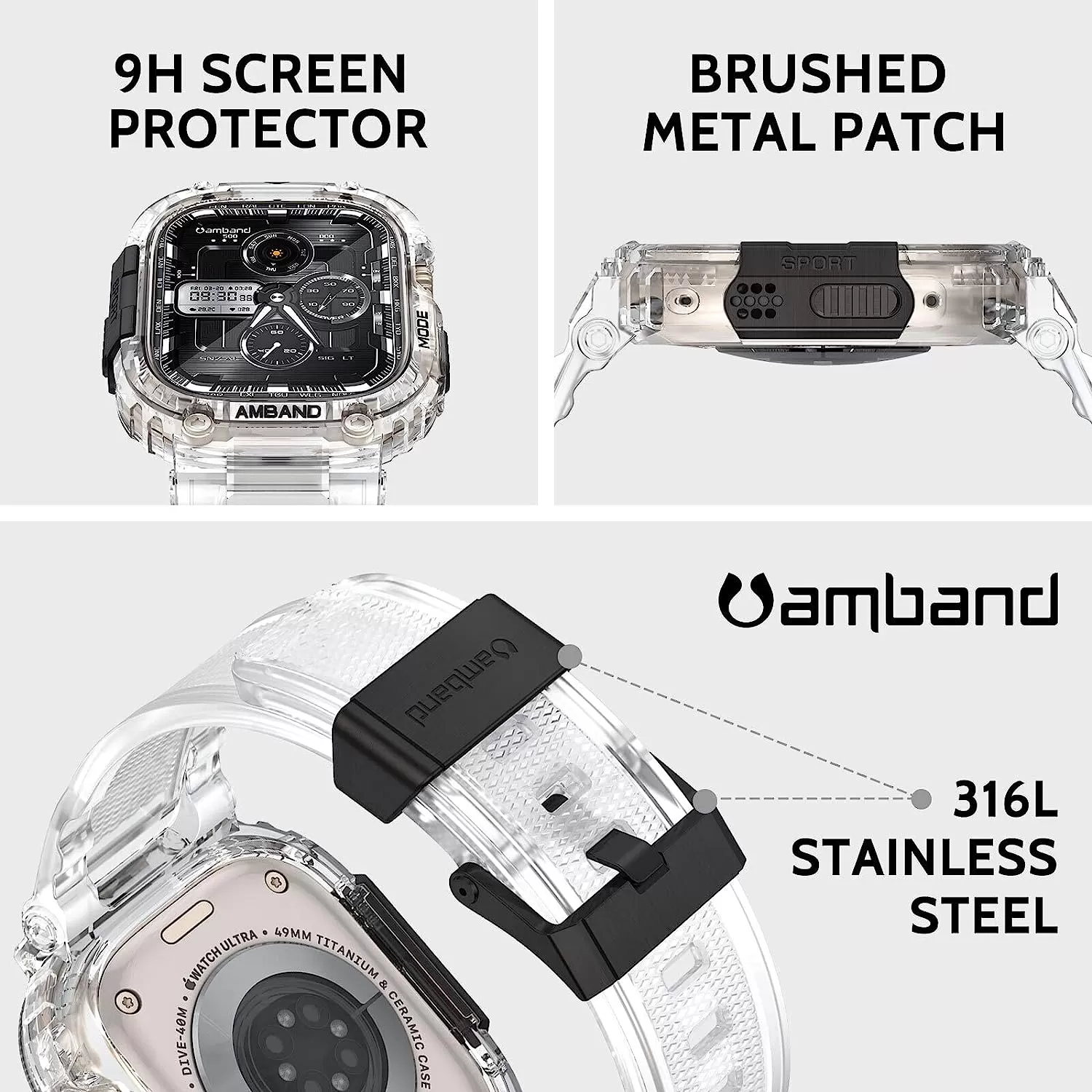amBand Bands Compatible with Apple Watch 8/7 45mm, M1 Sport Series Rugged Case with Strap Protective Cover for iWatch 6/SE/5/4/3 42/44/45mm Men Black
