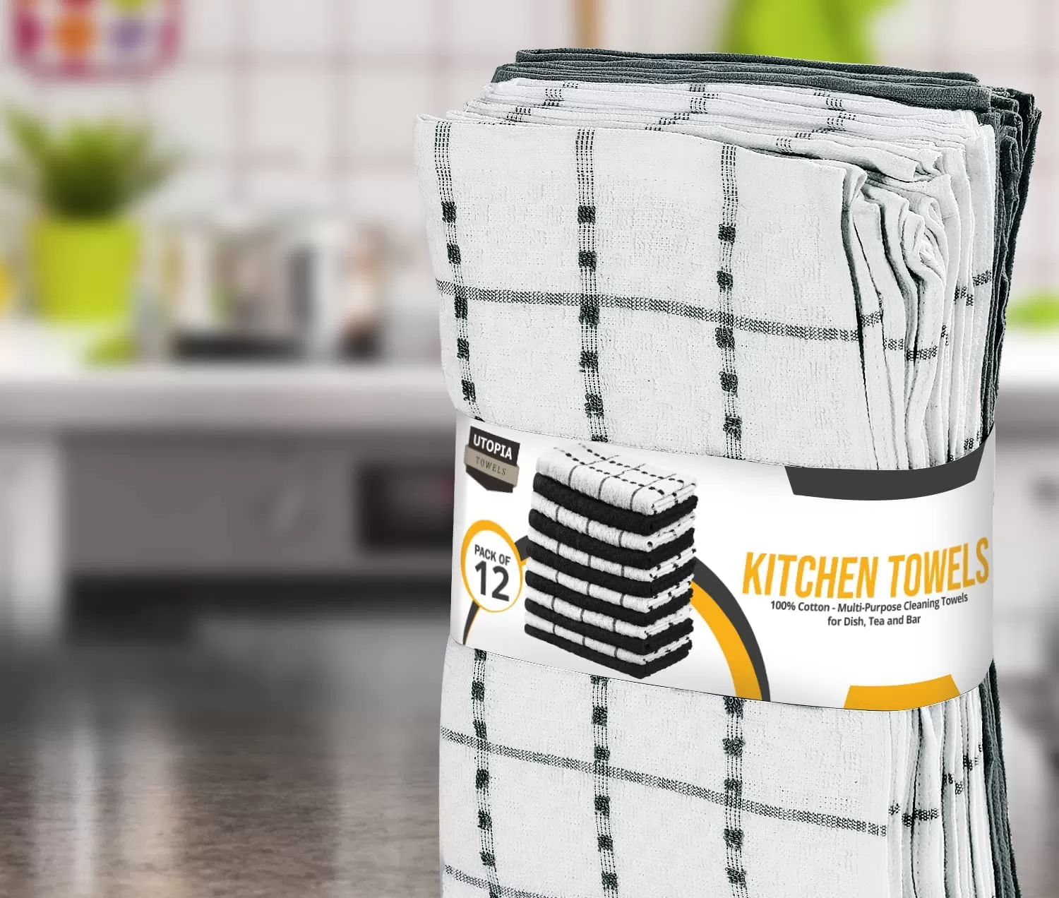 Kitchen Towels 12 Pack, 15 x 25 Inches, 100% Ring Spun Cotton Super Soft and Absorbent Linen Dish Towels, Tea Towels and Bar Towels Set (Black)