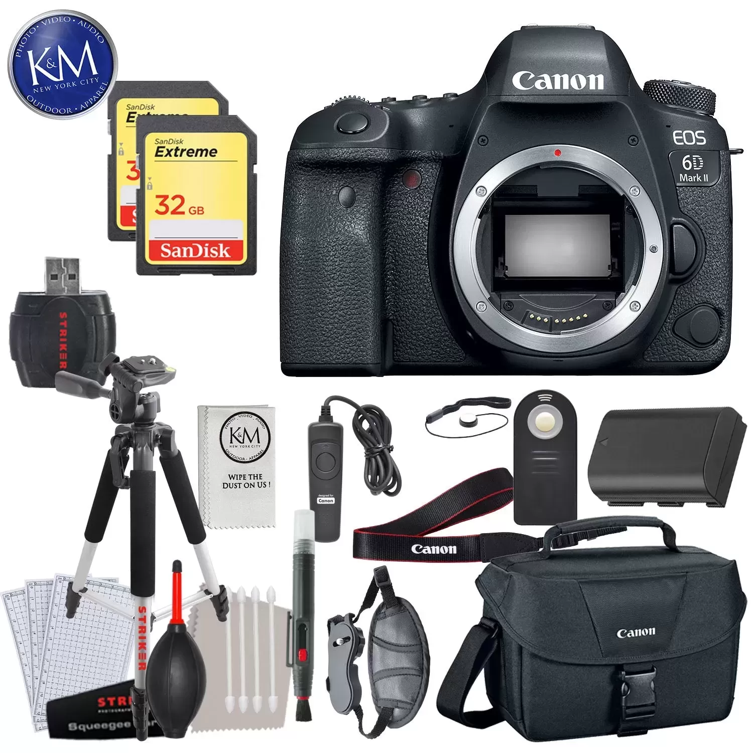Canon EOS 6D Mark II DSLR Camera (Body Only) with Deluxe Striker Bundle: Includes- Memory Card, Extra Battery, Large Tripod, Handstrap, Large Bag, and Striker Starter Kit