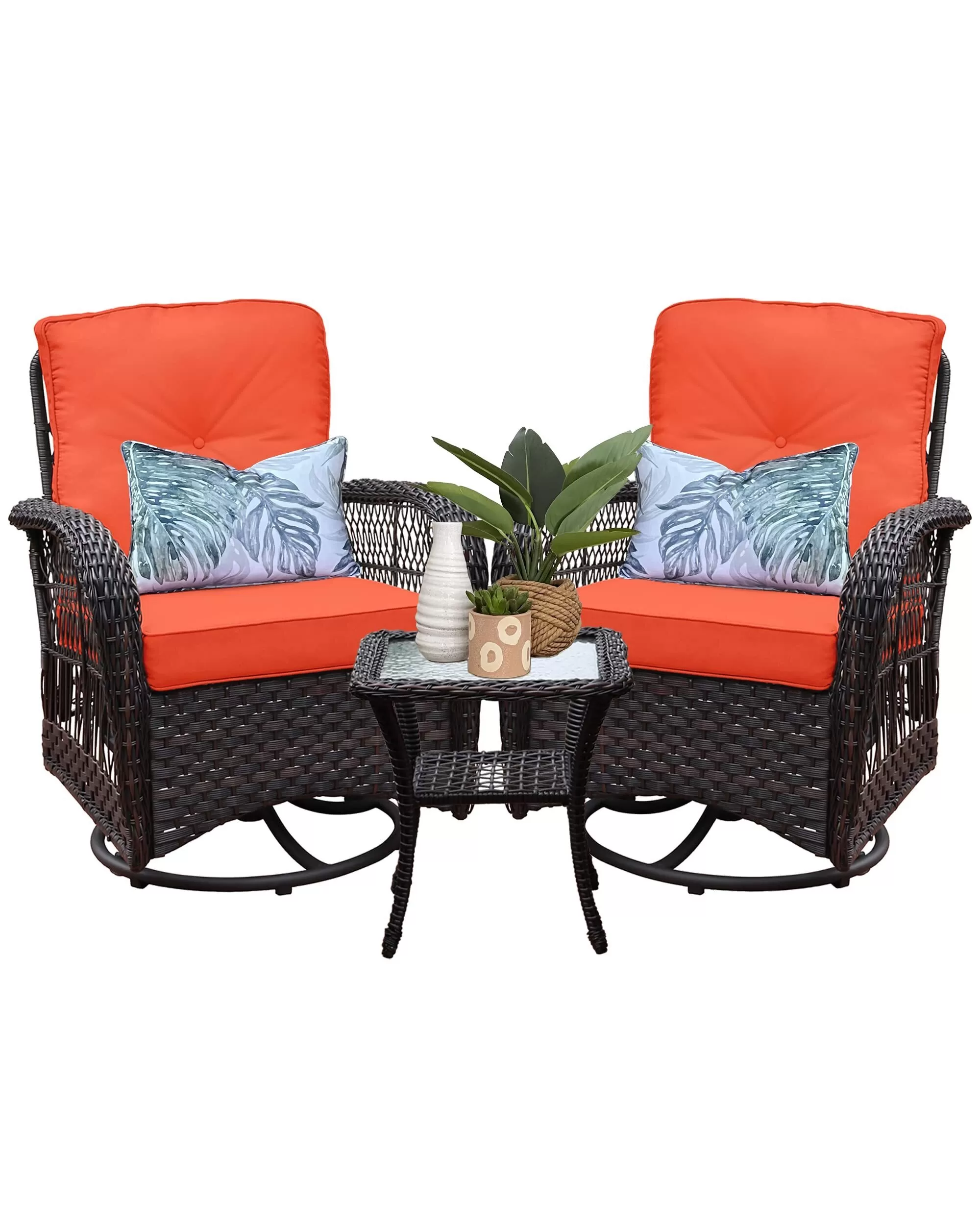 Outdoor Swivel Rocker Patio Chairs Set of 2 and Matching Side Table - 3 Piece Wicker Patio Bistro Set with Premium Fabric Cushions Outdoor Furniture (Dark Wicker Chair Beige Cushion)