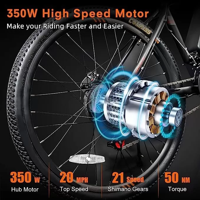 26'' Mountain Ebike 350W 36V/10.4AH Removable Lithium Battery, 2X Faster Charge Shimano 21 Speed and LCD Smart Meter