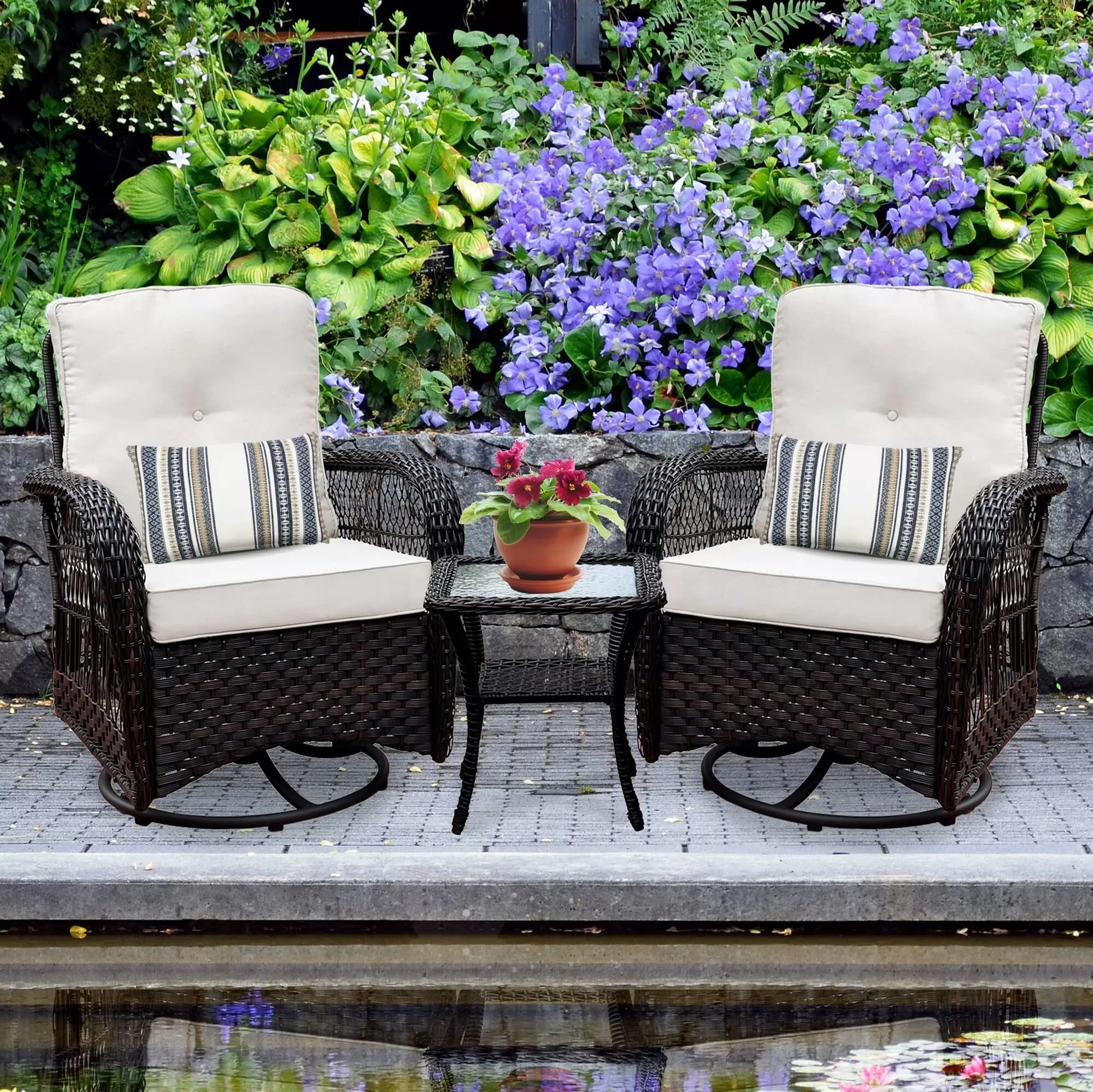 Outdoor Swivel Rocker Patio Chairs Set of 2 and Matching Side Table - 3 Piece Wicker Patio Bistro Set with Premium Fabric Cushions Outdoor Furniture (Dark Wicker Chair Beige Cushion)