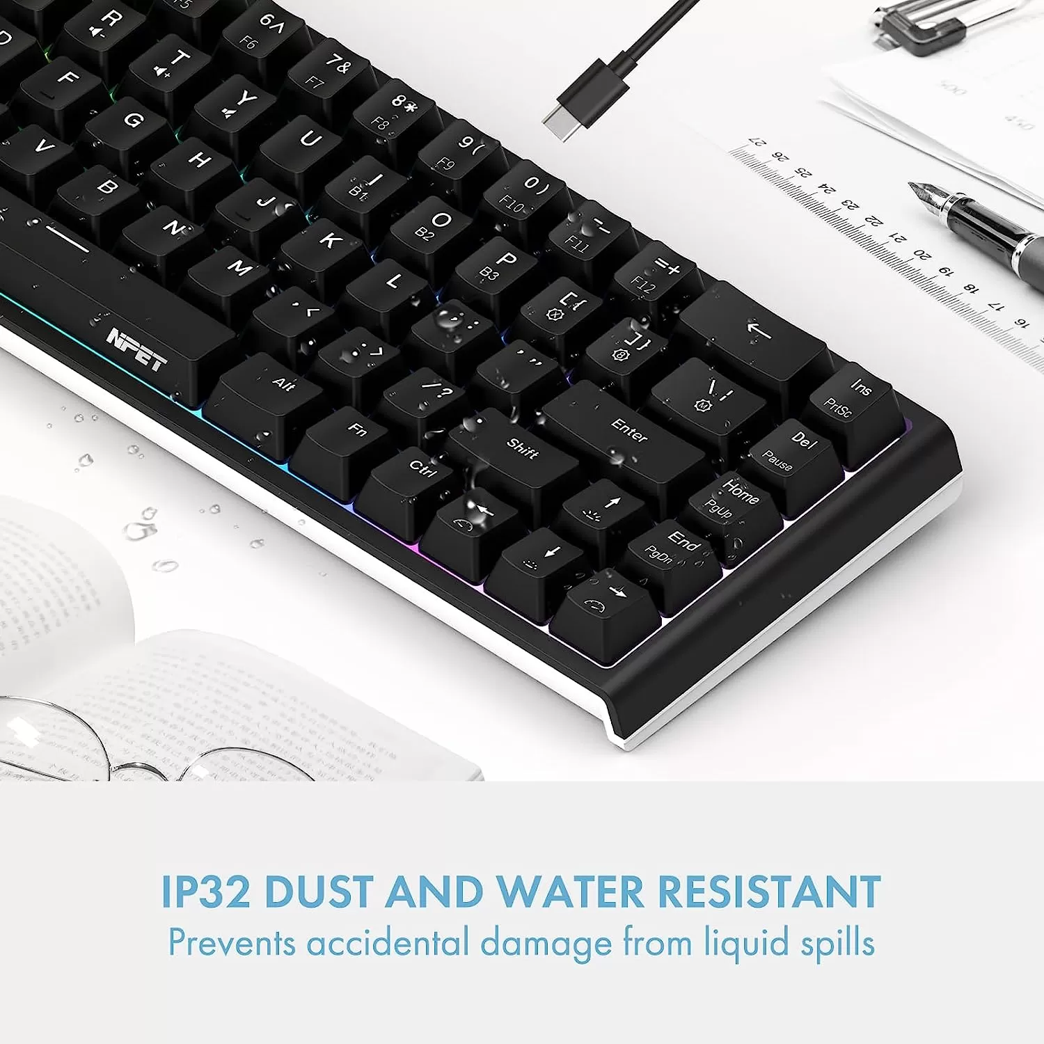 NPET K10 Wired Gaming Keyboard, LED Backlit, Spill-Resistant Design, Multimedia Keys, Quiet Silent USB Membrane Keyboard for Desktop, Computer, PC (Black)