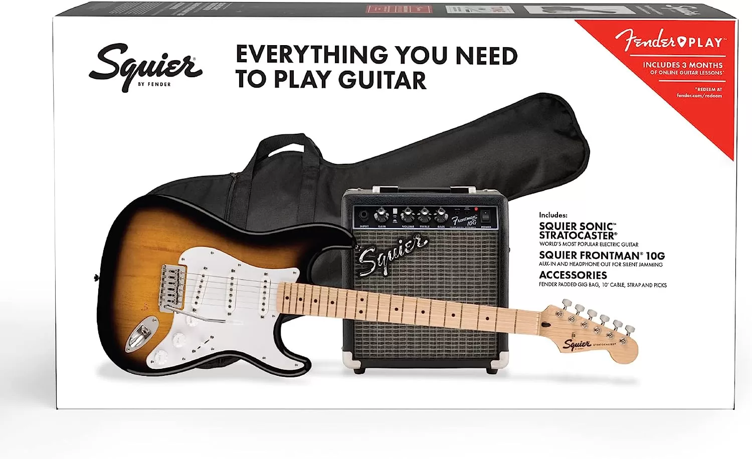 Fender Squier Stratocaster - Sunburst Bundle with Frontman 10G Amp, Gig Bag, Instrument Cable, Tuner, Strap, Picks, Fender Play Online Lessons, Instructional Book, and Austin Bazaar Instructional DVD