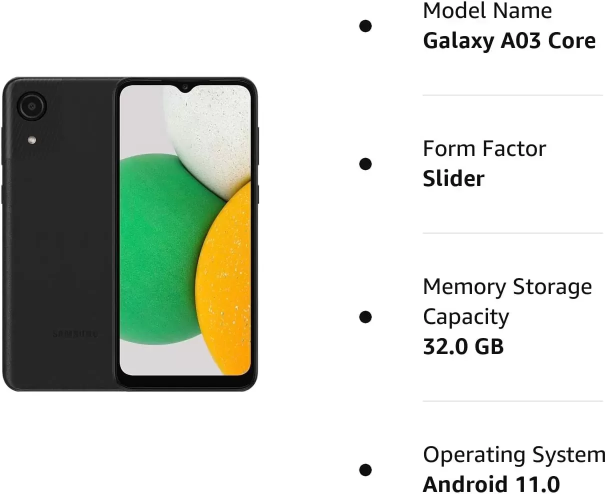 Galaxy A03 Core (SM-A032/DS) Dual SIM 32GB/ 2GB RAM, GSM Unlocked International Version - No Warranty - Black