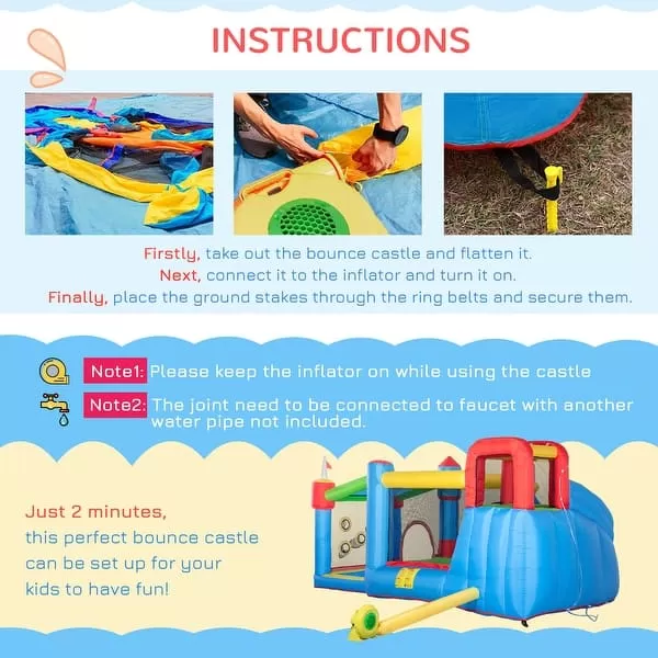 6-in-1 Inflatable Water Slide, Kids Castle Bounce House Includes Slide, Trampoline, Pool, Water Gun, Climbing Wall