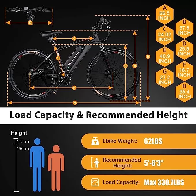 26'' Mountain Ebike 350W 36V/10.4AH Removable Lithium Battery, 2X Faster Charge Shimano 21 Speed and LCD Smart Meter