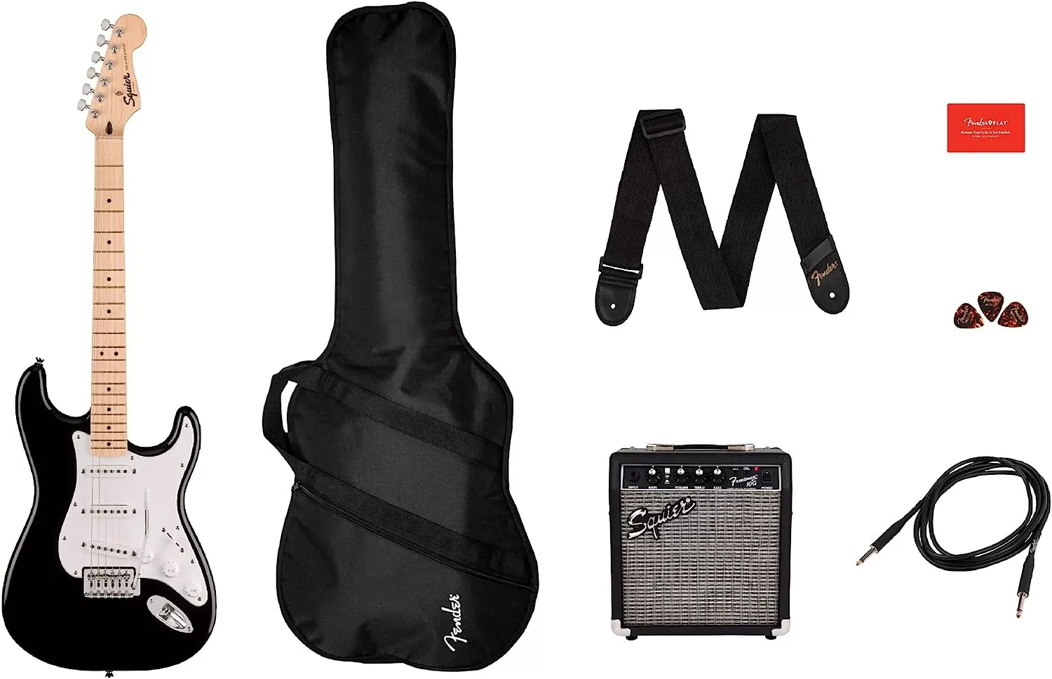 Fender Squier Stratocaster - Sunburst Bundle with Frontman 10G Amp, Gig Bag, Instrument Cable, Tuner, Strap, Picks, Fender Play Online Lessons, Instructional Book, and Austin Bazaar Instructional DVD