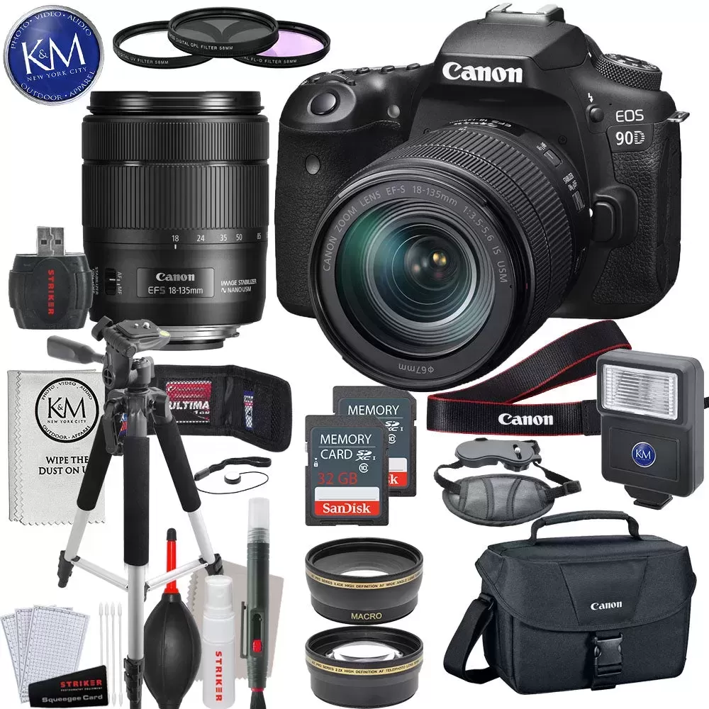 Canon EOS 90D DSLR Camera with 18-135mm Lens with Deluxe Striker Bundle: Includes – Memory Card x 2, Large Tripod, Slave Flash, 67mm Lens Kit, Hand Strap, Camera Bag, and Cleaning Kit.
