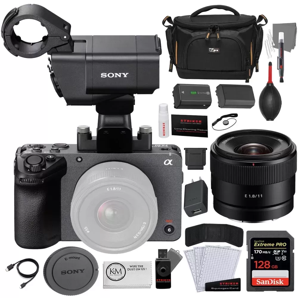 Sony FX30 Digital Cinema Camera with XLR Handle Unit +  Sony E 11mm f/1.8 Lens + SanDisk 128GB Memory Card + NP-FZ100 Battery + Striker Photo Starter Kit + TL-50 Camera Case + Cleaning Cloth Bundle