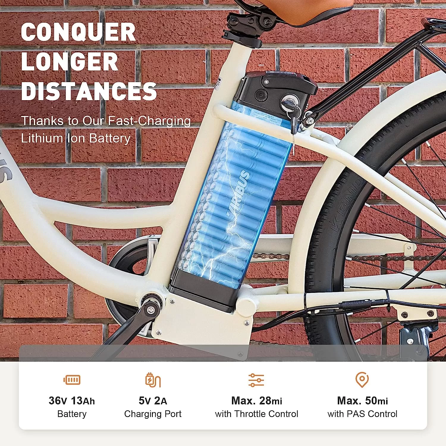 Viribus Electric Bike, Electric Cruiser Bike Adults Women, 25mph 40+ Mile Range 26