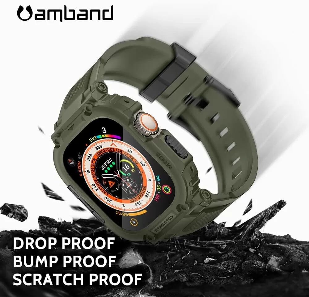 amBand Bands Compatible with Apple Watch 8/7 45mm, M1 Sport Series Rugged Case with Strap Protective Cover for iWatch 6/SE/5/4/3 42/44/45mm Men Black