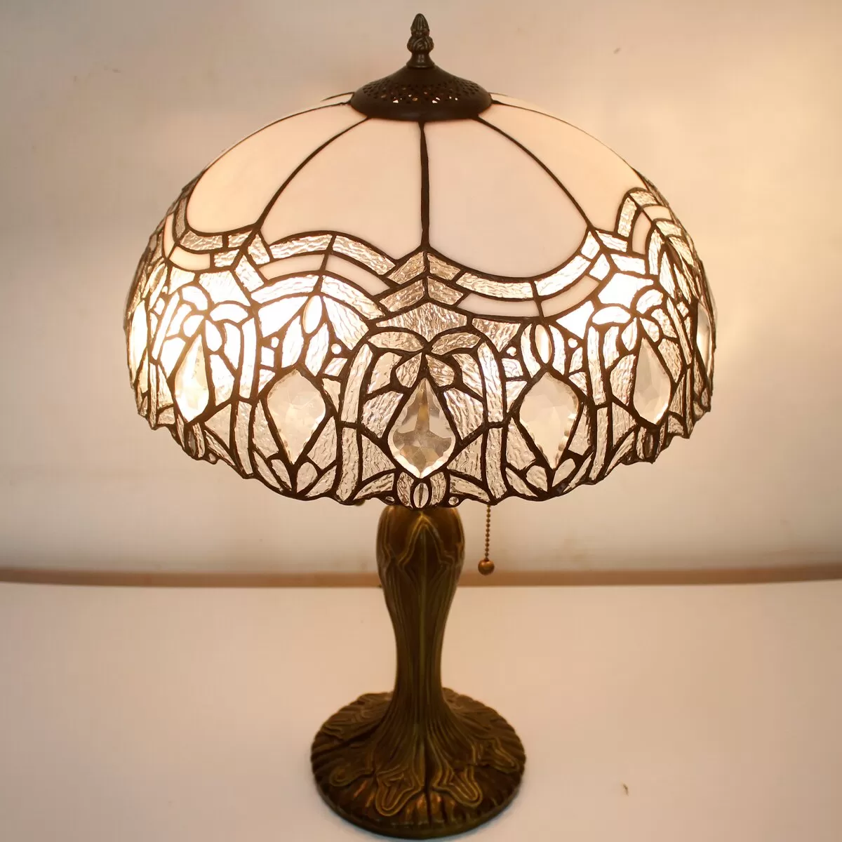 Tiffany Style Table Lamp Stained Glass White Crystal Shade Metal Base 24