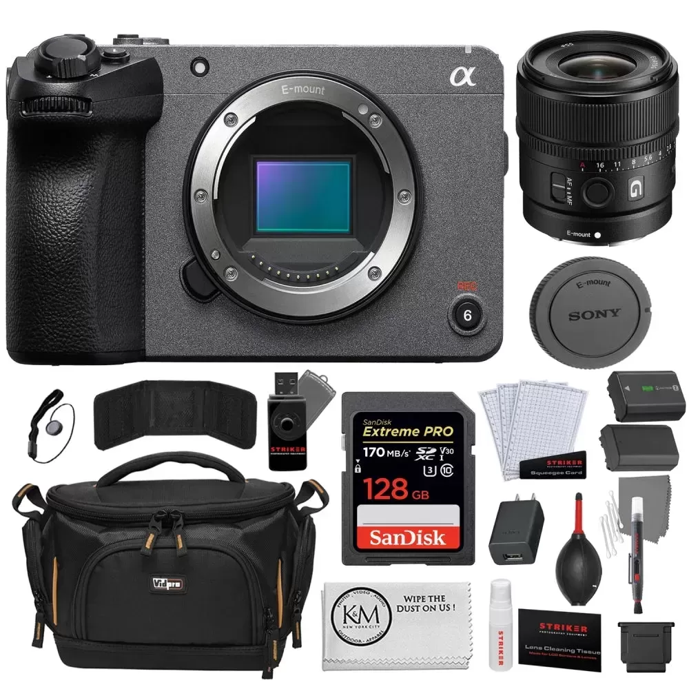 Sony FX30 Digital Cinema Camera + Sony E 15mm f/1.4 G Lens + SanDisk 128GB Memory Card + Generic NP-FZ100 Battery + Striker Photo Kit (11 Pieces) + Vidpro TL-50 Camera Case + K&M Camera Cleaning Cloth Bundle