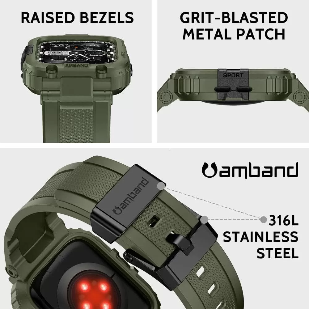 amBand Bands Compatible with Apple Watch 8/7 45mm, M1 Sport Series Rugged Case with Strap Protective Cover for iWatch 6/SE/5/4/3 42/44/45mm Men Black