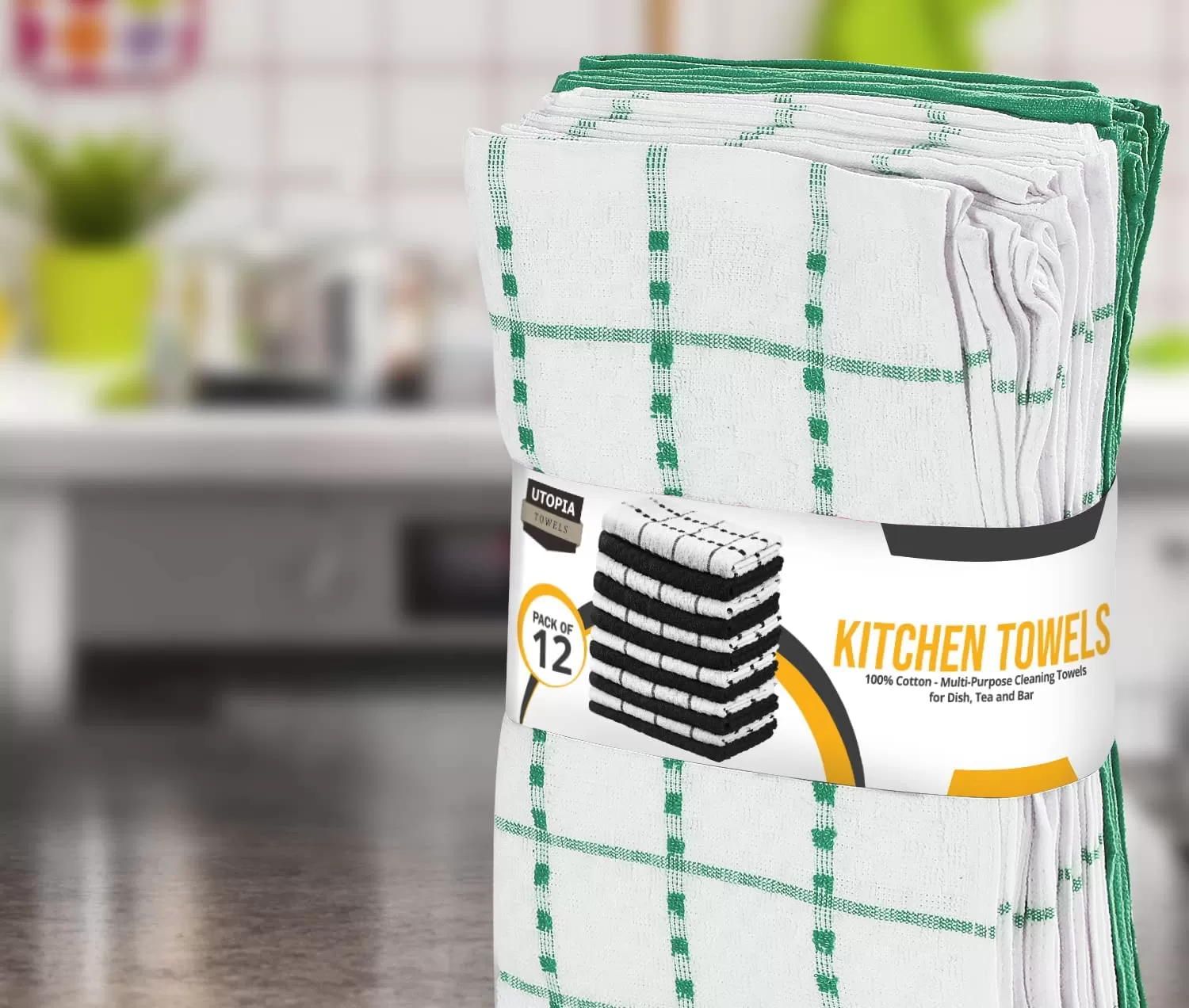 Kitchen Towels 12 Pack, 15 x 25 Inches, 100% Ring Spun Cotton Super Soft and Absorbent Linen Dish Towels, Tea Towels and Bar Towels Set (Black)
