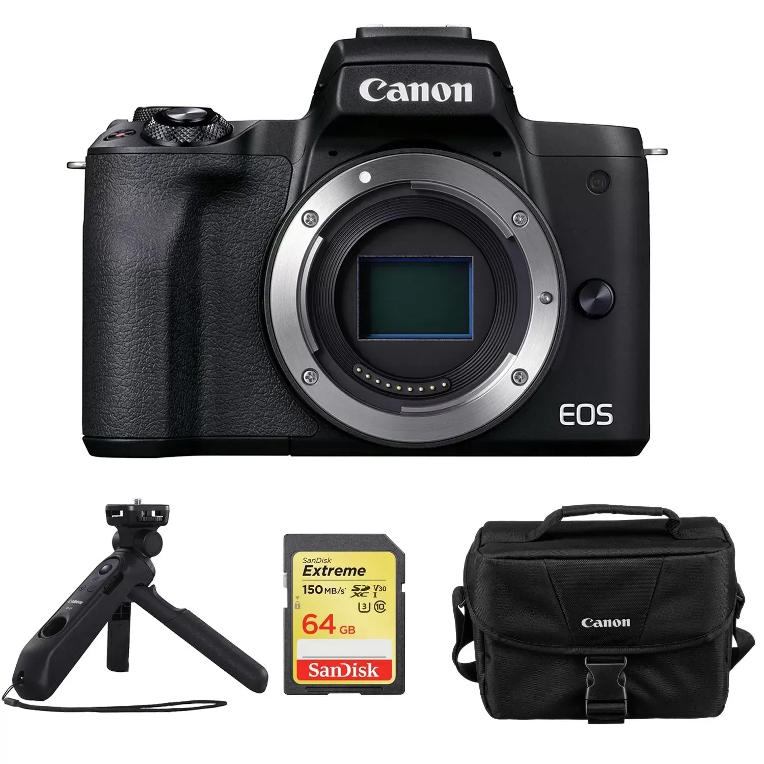 Canon EOS M50 Mark II Mirrorless Digital Camera (Body Only, Black) with 64GB Extreme SD Memory Card, HG-100TBR Tripod Grip and Canon Camera Bag